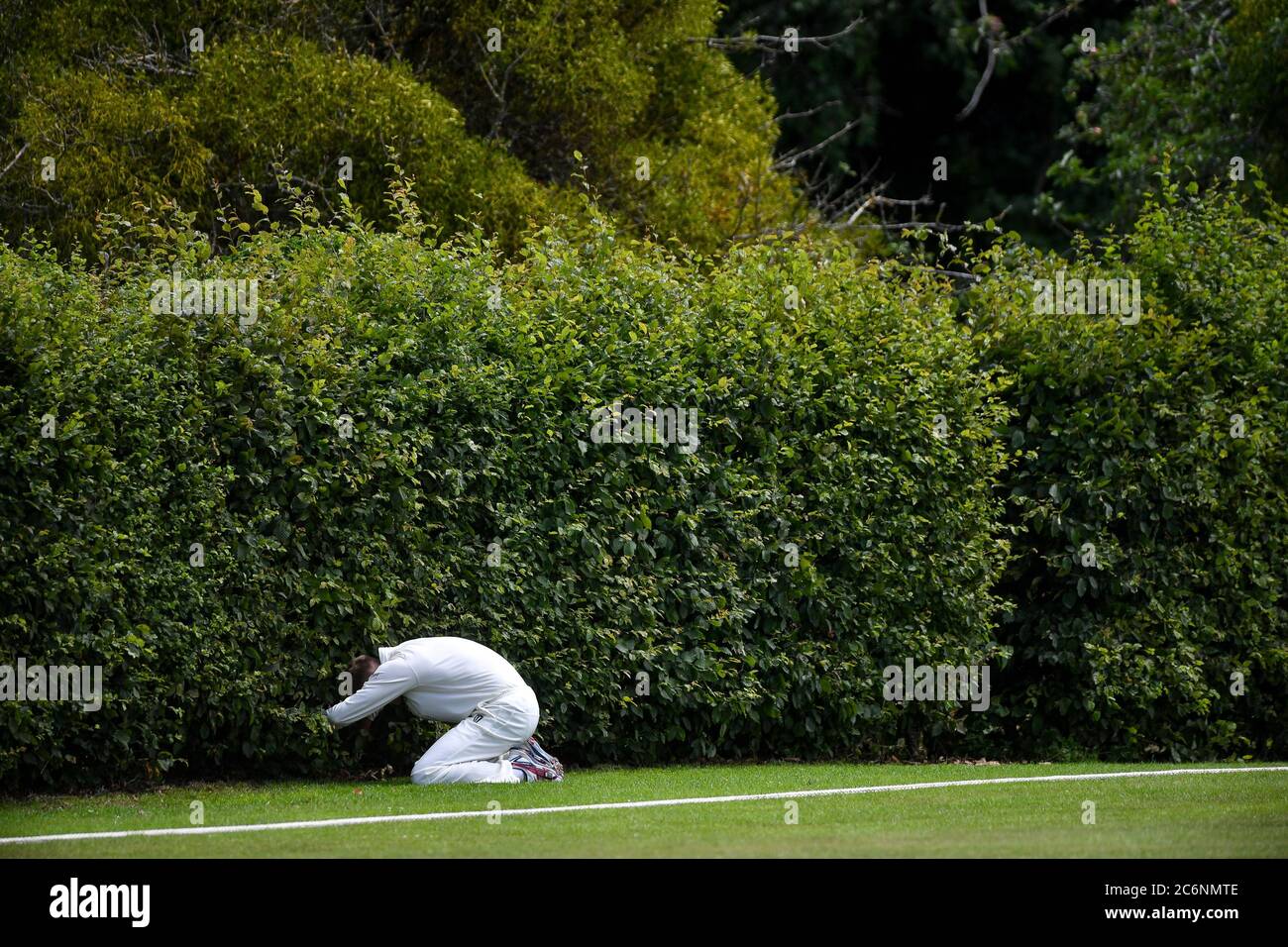 Un joueur de terrain recherche un ballon perdu pendant le match entre Pershore CC et Stratford-upon-Avon CC au The Bas, domicile du Pershore Cricket Club, Worcestershire. Banque D'Images