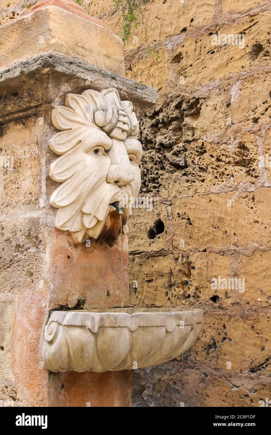 Fontaine avec tête de lion sur un escalier en pierre à l'extérieur de la cathédrale de Palma de Majorque Banque D'Images