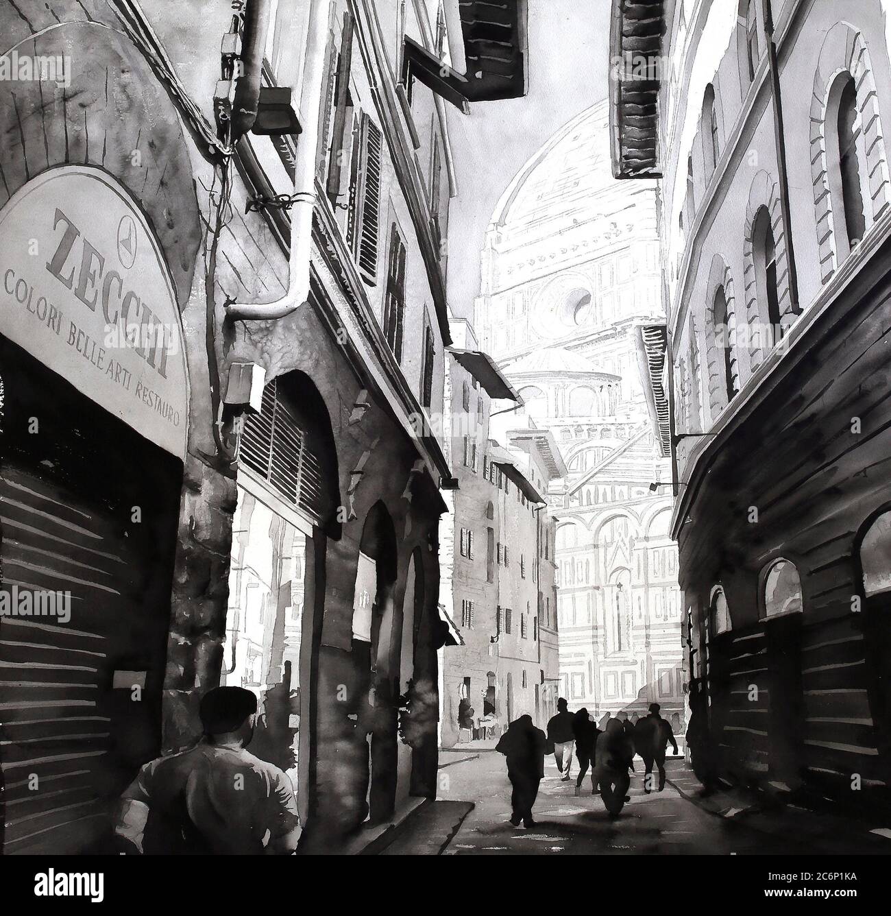 Duomo s'élevant au-dessus des rues de la ville à Florence, Italie. Florence peinture art B&W art Italie décor aquarelle imprimé Banque D'Images