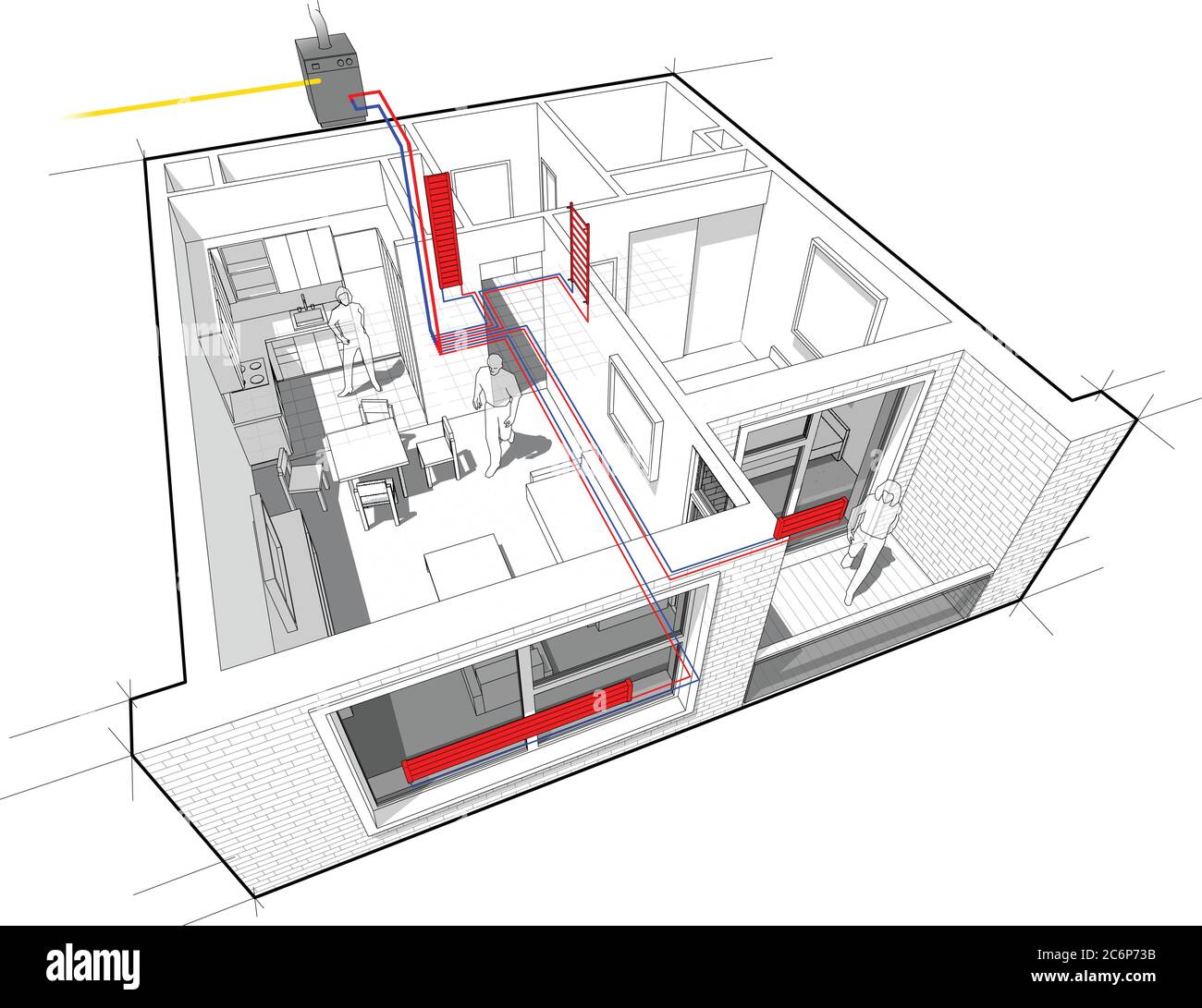 Perspective vue en coupe d'un appartement d'une chambre entièrement meublé avec chauffage radiateur d'eau chaude et chaudière à gaz comme source d'énergie Illustration de Vecteur