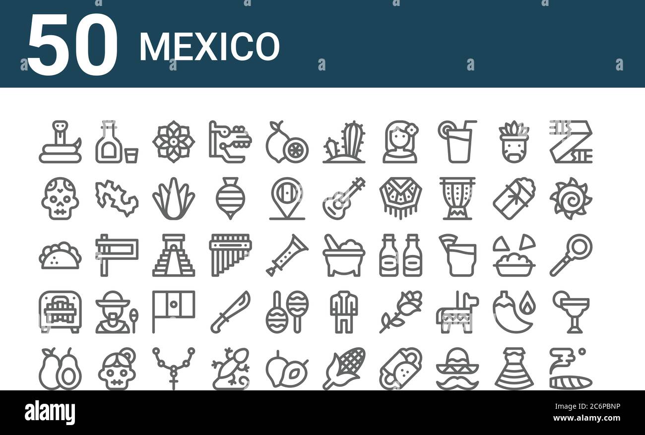 ensemble de 50 icônes du mexique. contour des icônes fines telles que le cigare, l'avocat, le marimbol, le taco, le crâne, la tequila, molajete Illustration de Vecteur