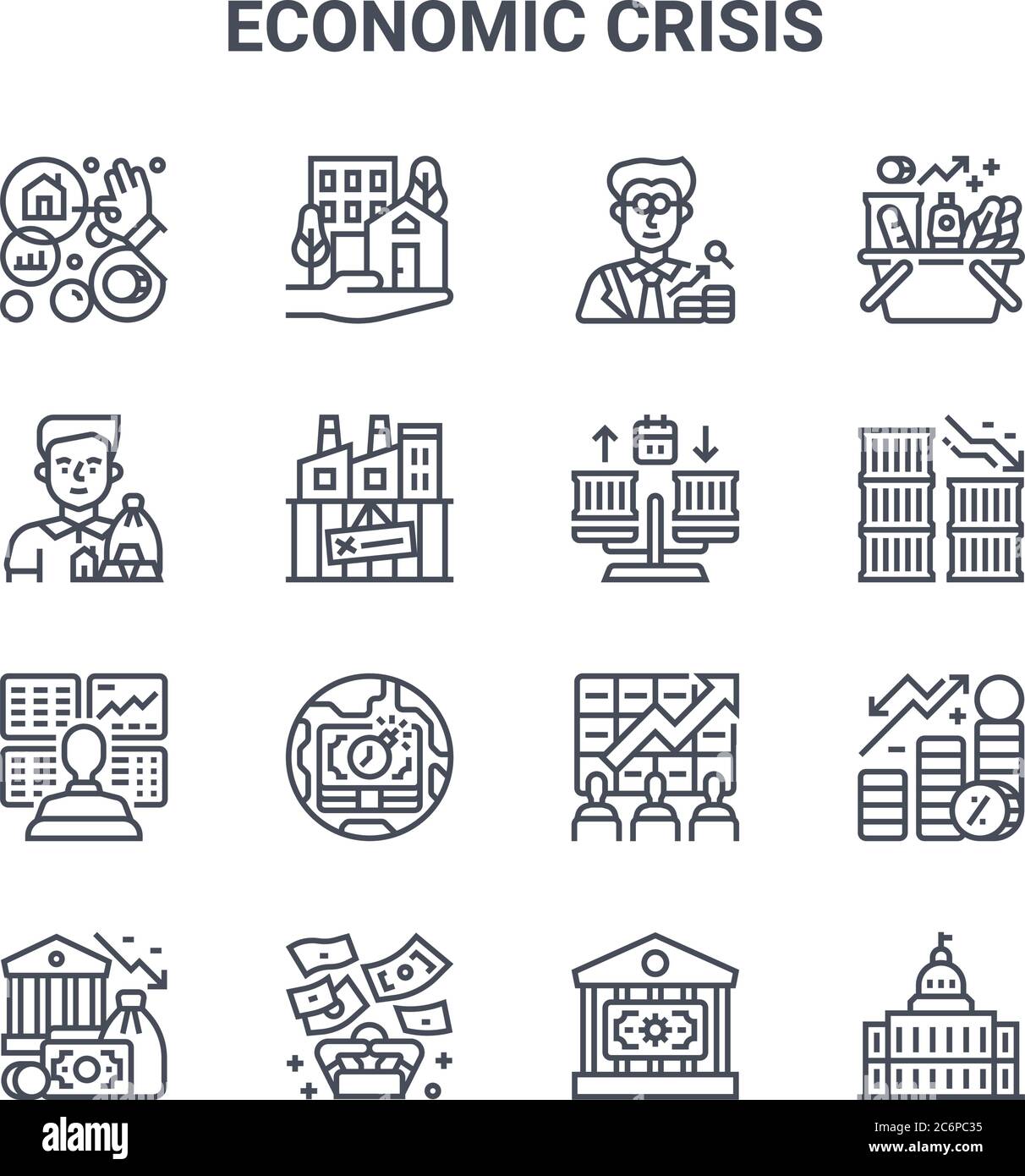 ensemble de 16 icônes de ligne vectorielle de concept de crise économique. icônes 64x64 à trait fin telles que l'immobilier, investisseur, exportation, bourse, riche, gouvernement, ba Illustration de Vecteur