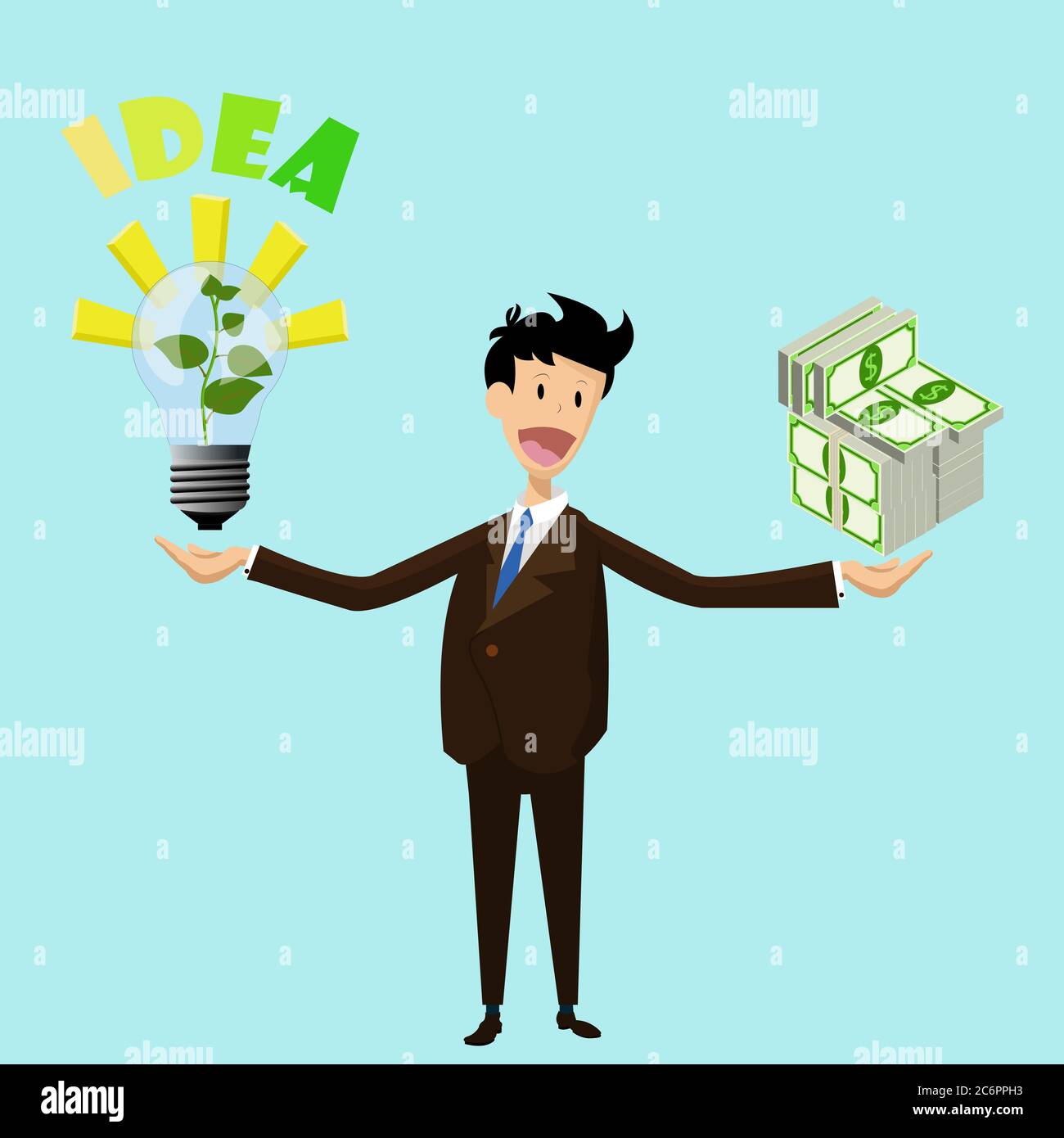 Un homme d'affaires à vecteur plat tient dans une lampe de main avec l'idée de pousse croissante dans un autre énorme paquet d'argent. Concept d'illustration vectorielle avec argent et idée f Illustration de Vecteur