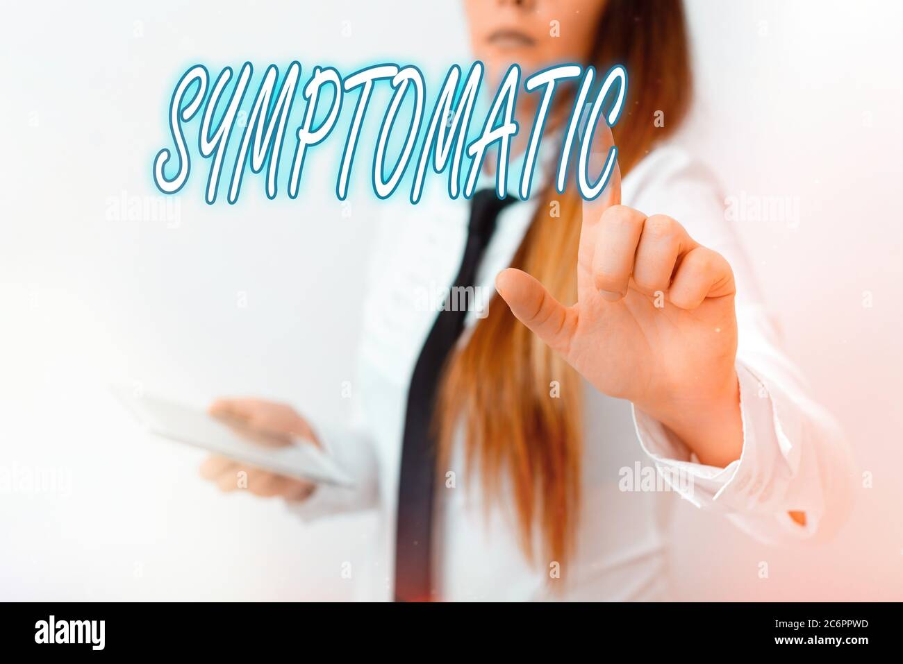 Texte écrit de mot symptomatique. Photo d'entreprise présentant servir de symptôme ou de signe en particulier de quelque chose de indésirable modèle avec la finge de la main de pointage Banque D'Images