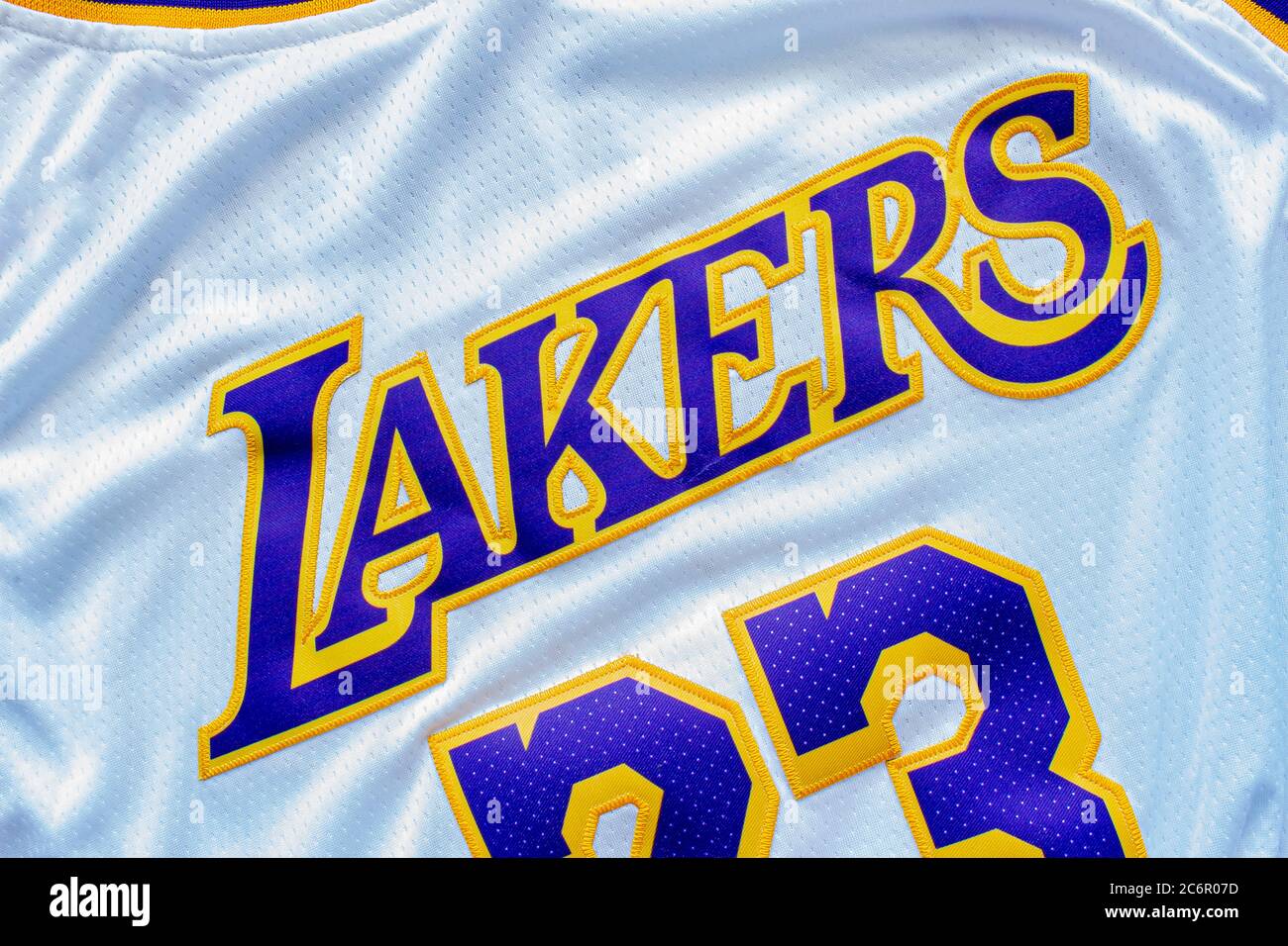 Calgary, Alberta, Canada. 10 juillet 2020. Gros plan sur l'équipe de basket-ball du Lakers Jersey Banque D'Images