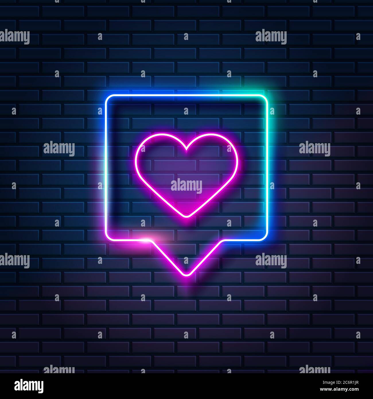 Cœur néon dans la bulle de la parole sur fond de mur de brique sombre. Symbole lumineux dans le cadre, illustration vectorielle Illustration de Vecteur