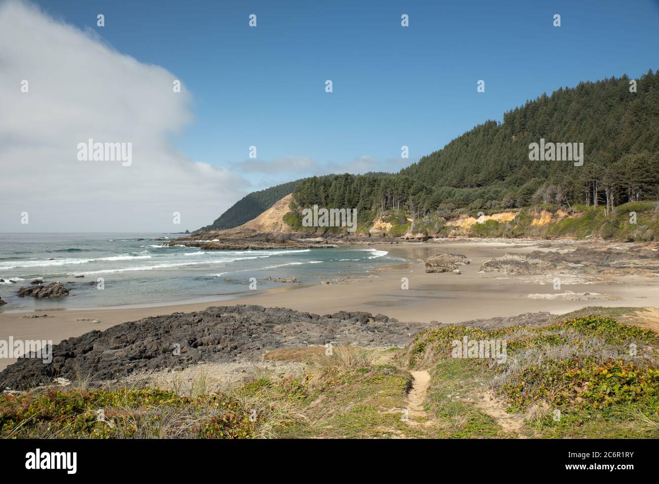 Plage de sable et collines verdoyantes avec banc de brouillard le long de la côte de l'Oregon Banque D'Images