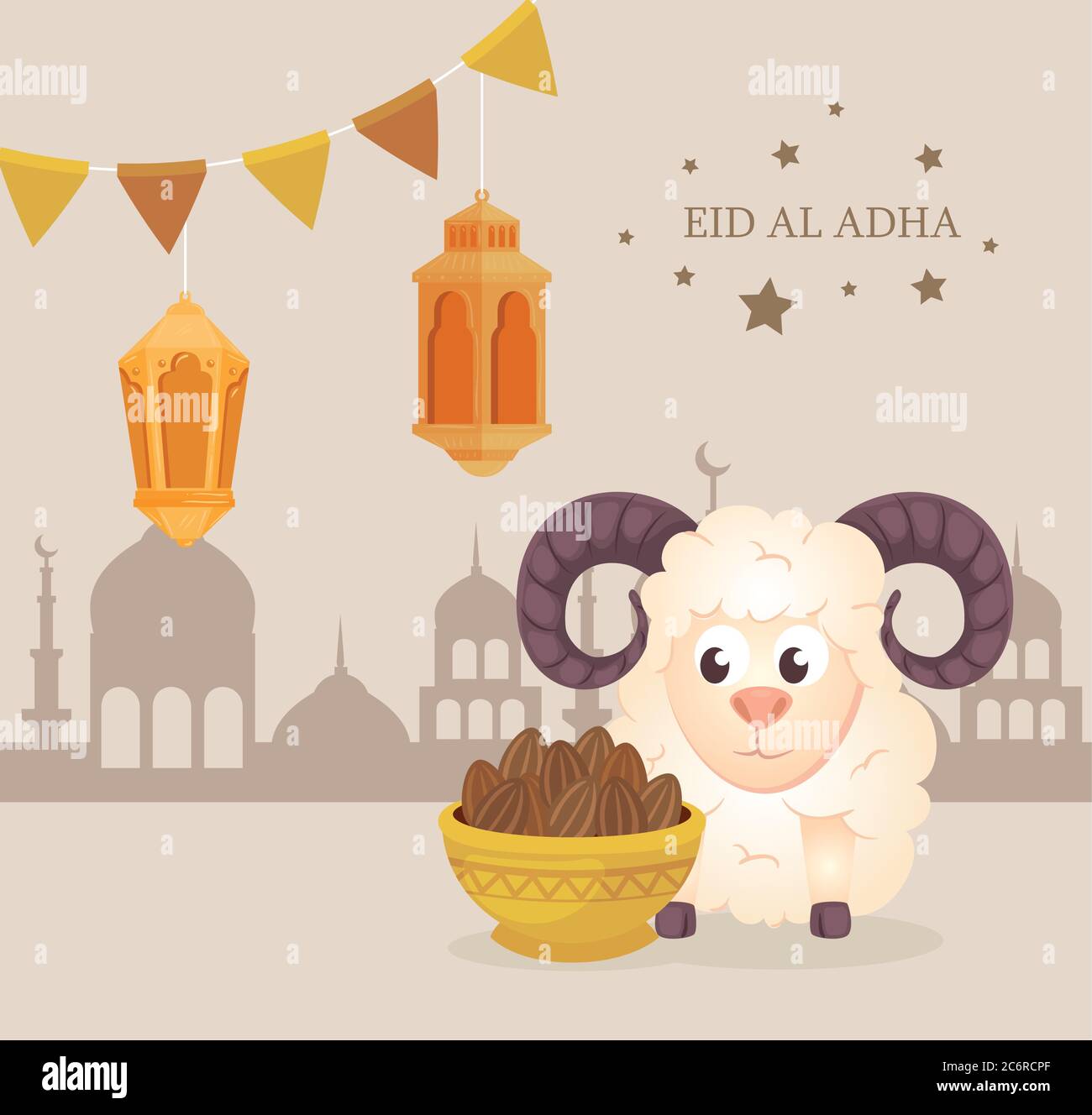 eid al adha mubarak, fête du sacrifice heureux, chèvre avec des icônes traditionnelles et guirlande pendante Illustration de Vecteur