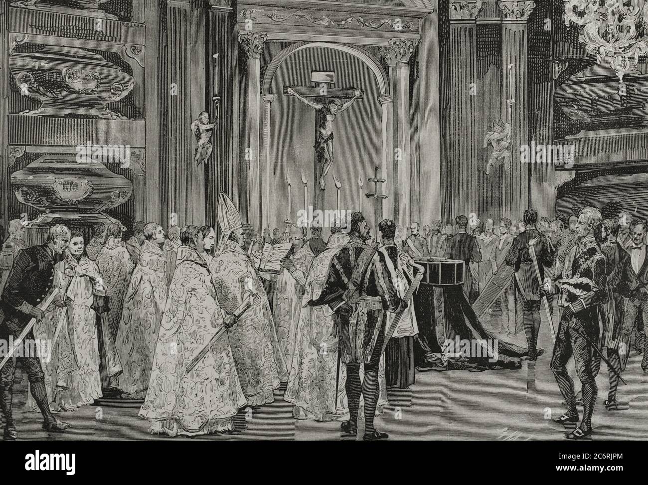 María Cristina de Borbón-dos Sicilias (1806-1878). Reina de España. Cuarta esposa del rey Fernando VII Regente de España entre 1833 y 1840, durante la minoría de edad de Isabel II El Escorial. reina María Cristina al ser depositado su cadáver en el Panteón de los Reyes. Dibujo del por naturel Gerardo Meléndez. Grabado por Capuz. La Ilustración Española y Americana,1878. Banque D'Images