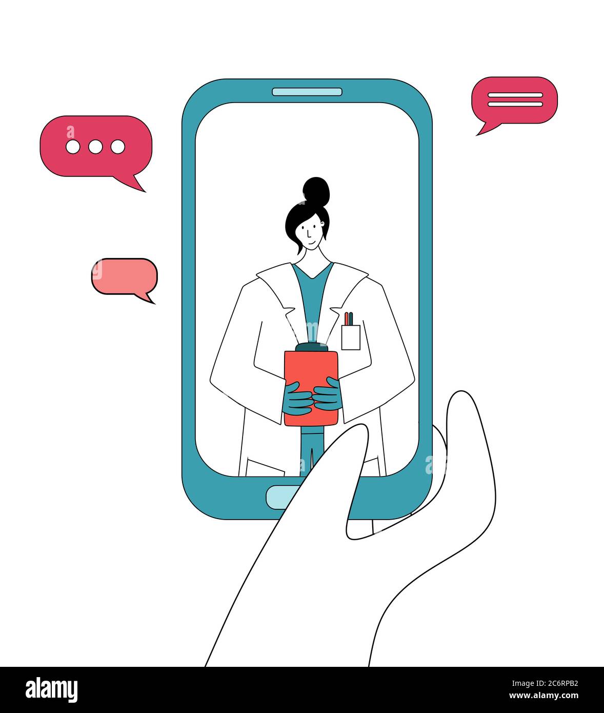 Écran de smartphone avec femme médecin sur chat dans Messenger. Consultation en ligne. Service de conseil médical en ligne, télé-médecine, cardiolo Illustration de Vecteur