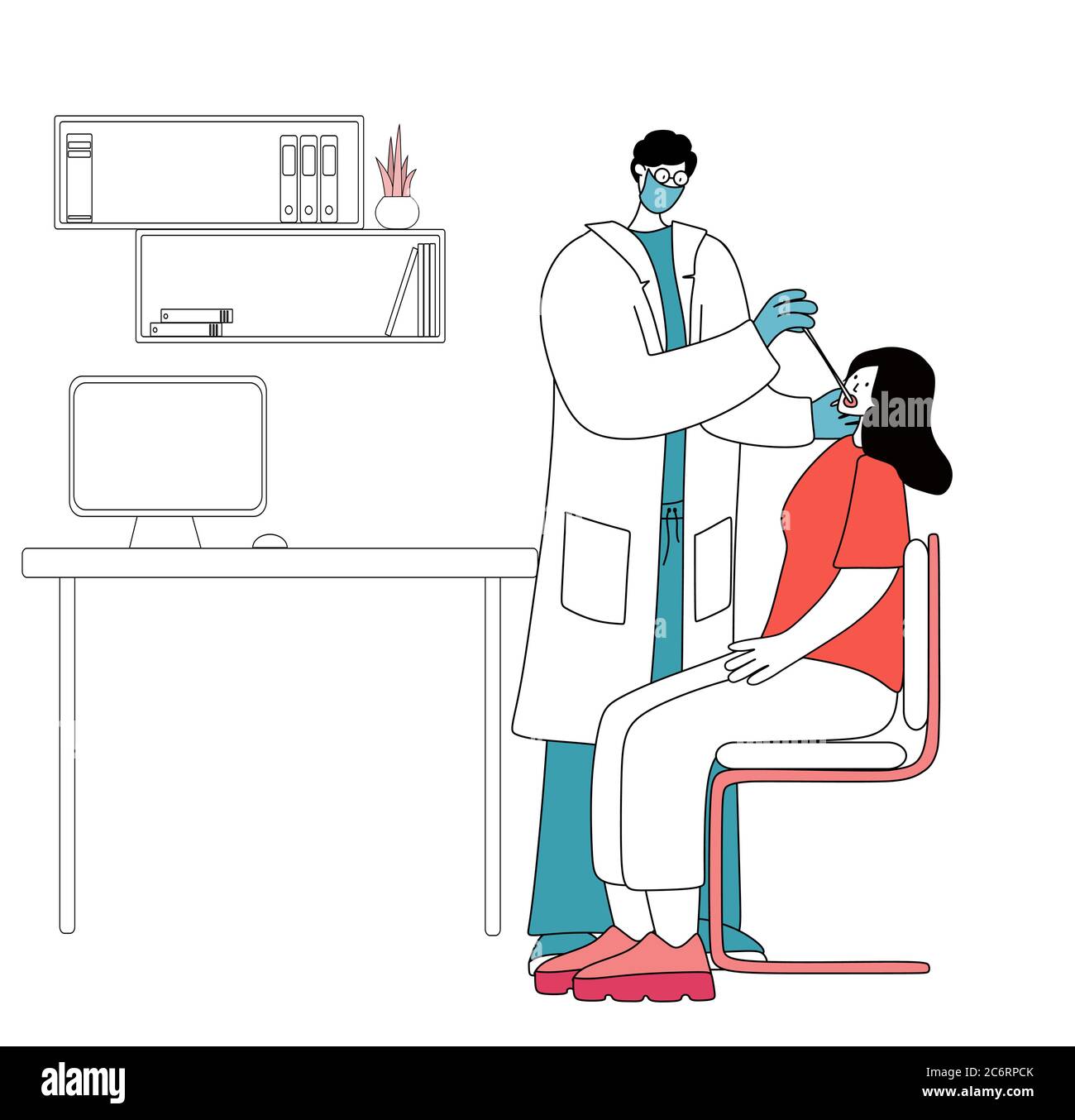 Test Covid, médecin recueille le mucus nasal par échantillon d'écouvillon pour l'infection à Covid-19, patient testé, analyse de laboratoire, examen médical, vecteur de dessin animé plat Illustration de Vecteur