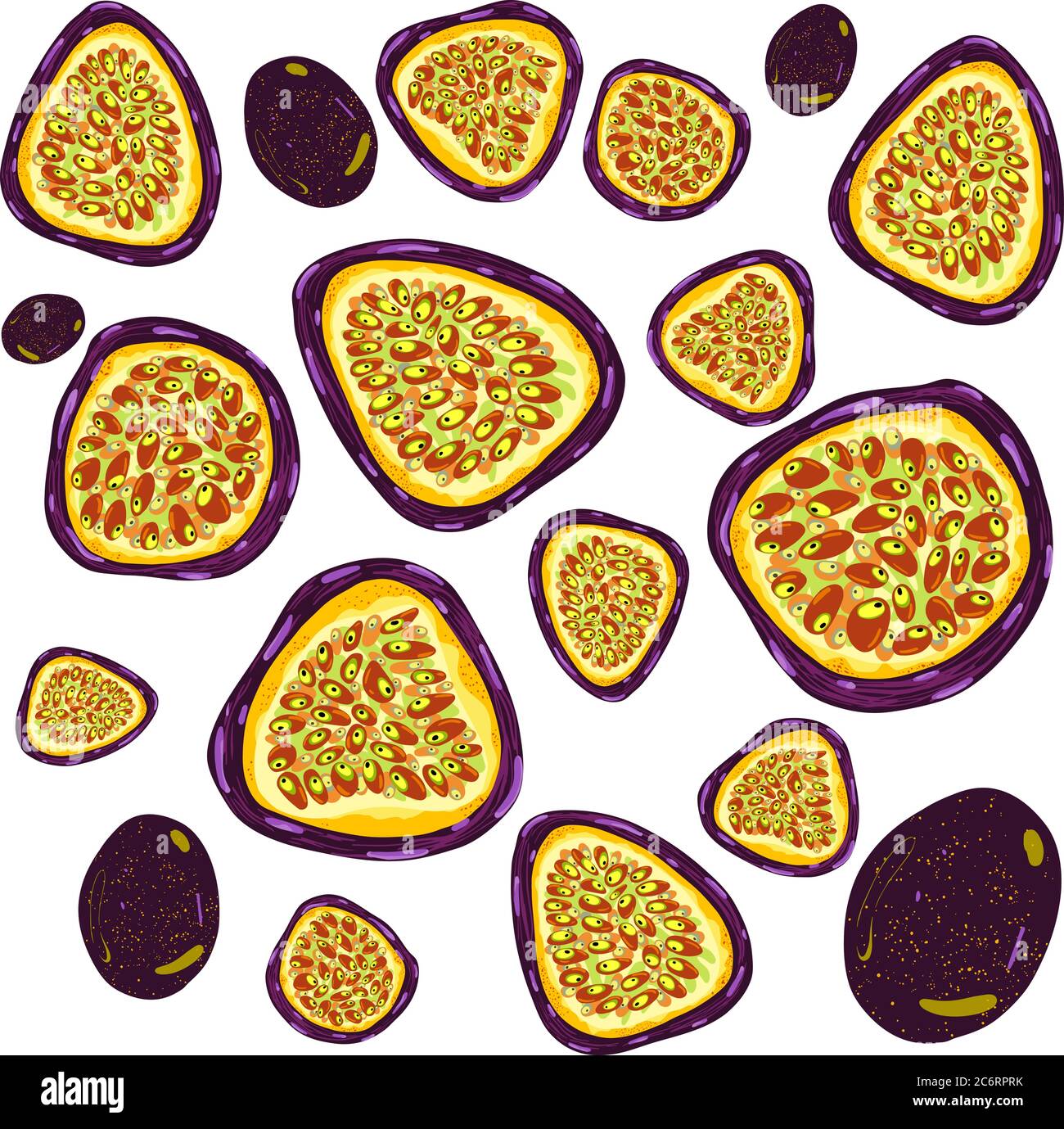 Illustration faite à la main de fruits de la passion pourpres et de fruits savoureux Illustration de Vecteur