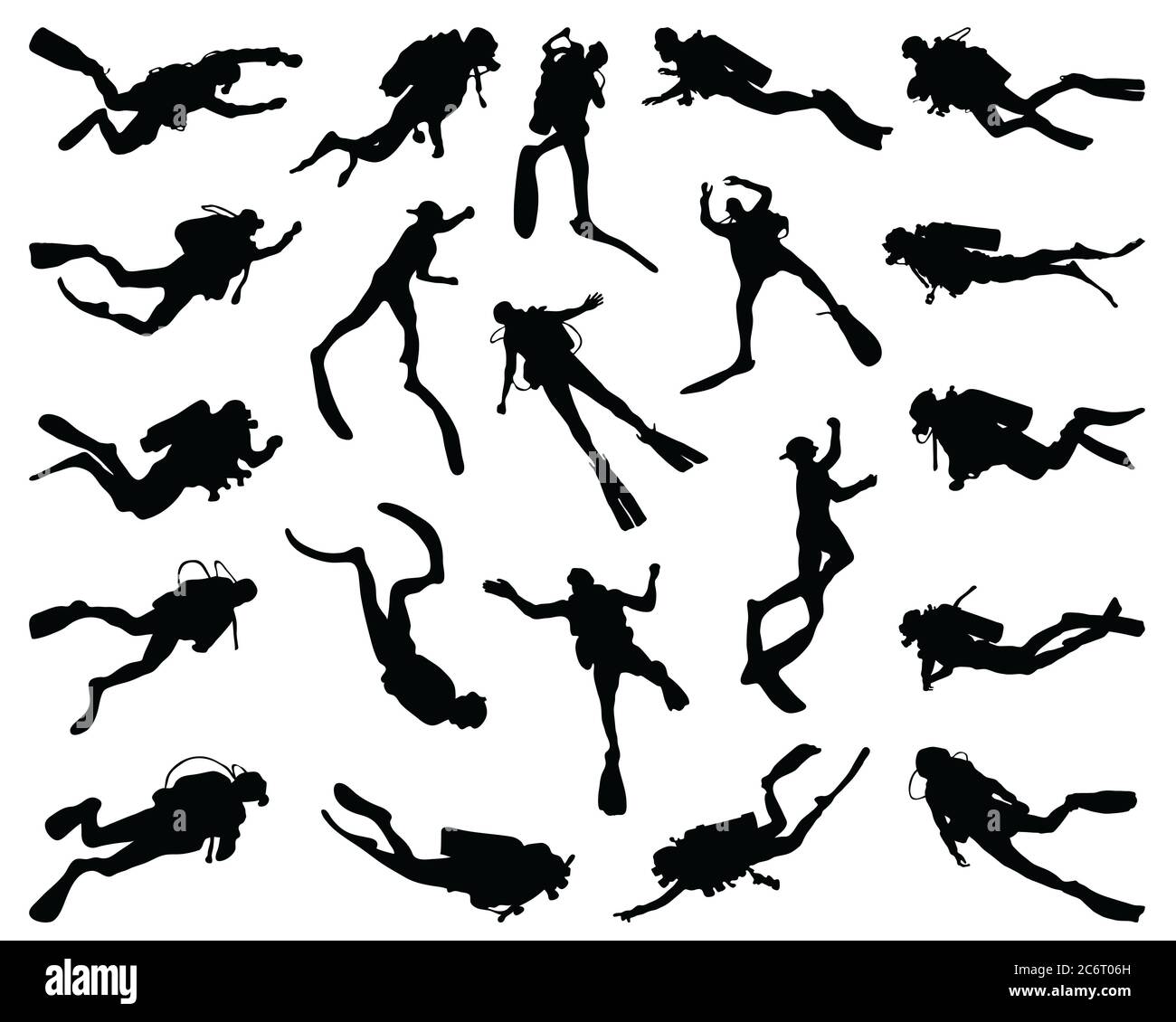 Silhouette noire de plongée sous-marine et de plongeurs gratuits sur fond blanc Banque D'Images