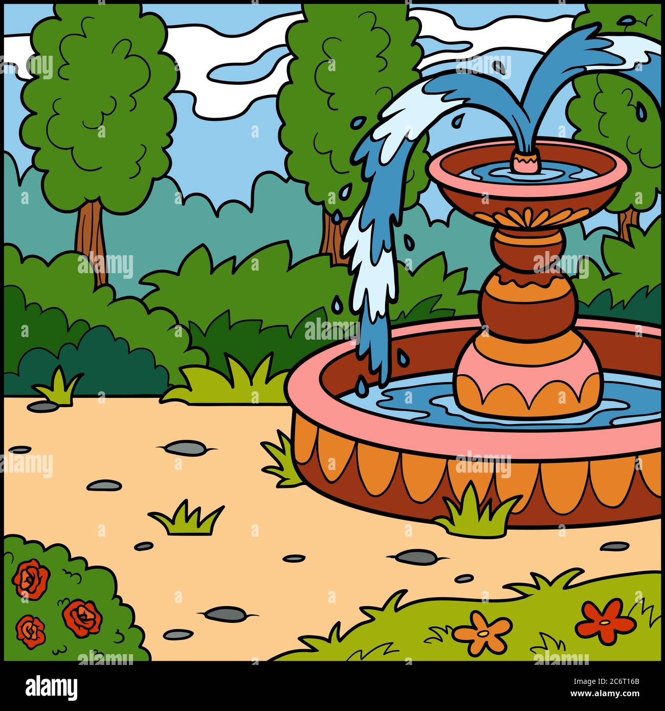 Illustration vectorielle, fond naturel. Jardin de princesse avec fontaine Illustration de Vecteur