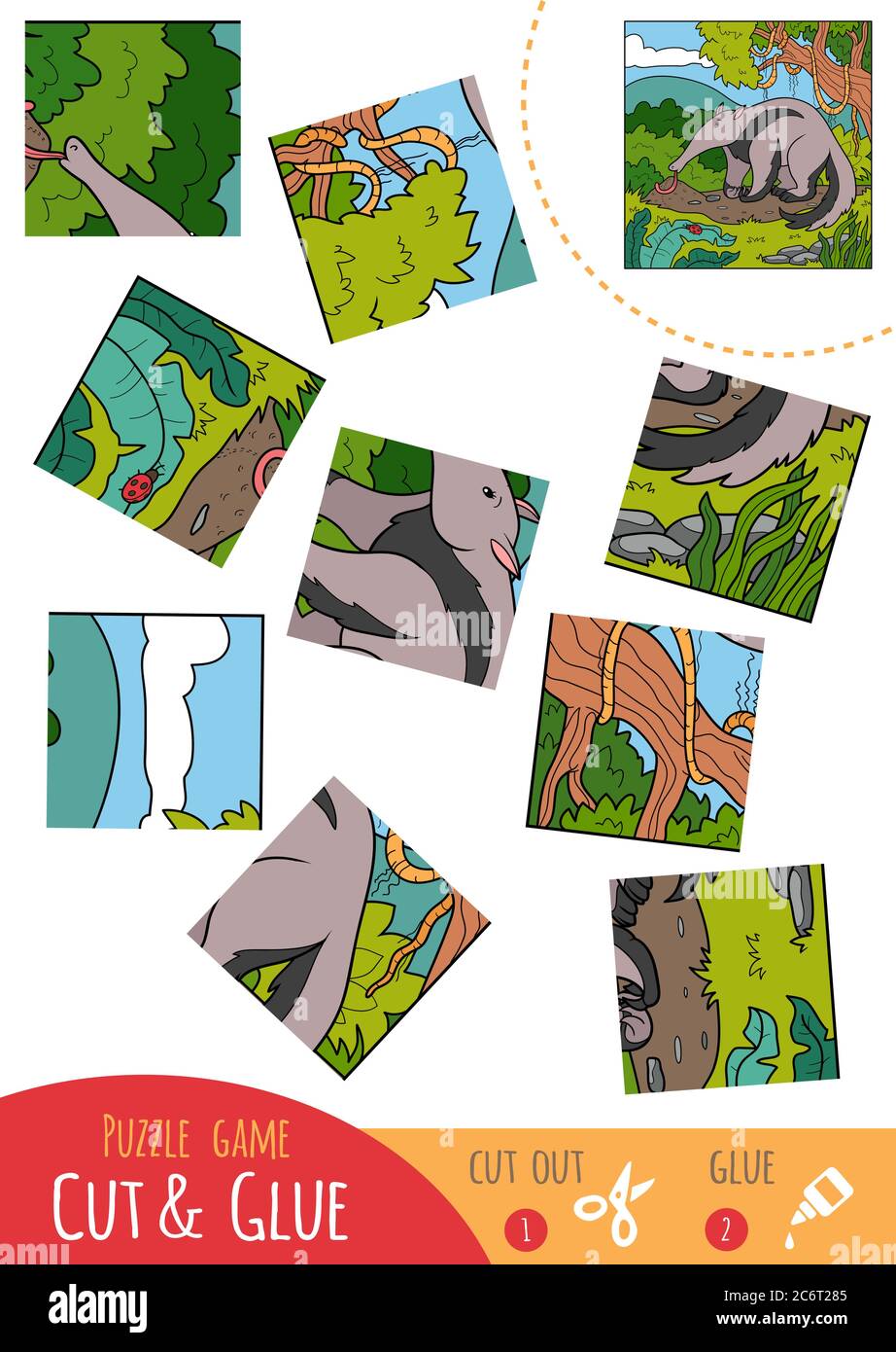 Jeu de puzzle éducatif pour les enfants, Anteater. Utilisez des ciseaux et de la colle pour créer l'image. Illustration de Vecteur