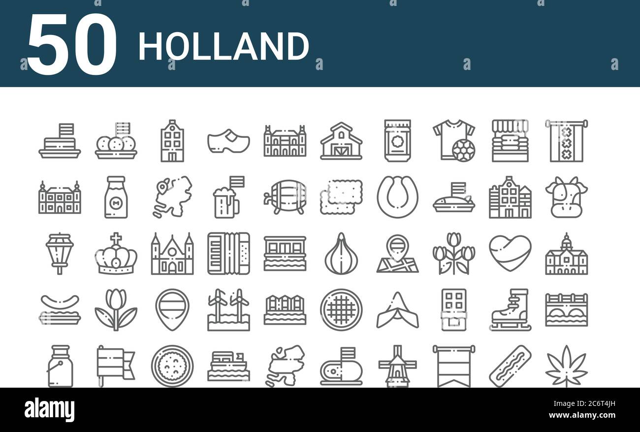 ensemble de 50 icônes holland. contour des icônes fines telles que la marijuana, le lait, le stamppot, les lumières de rue, ba, bitterballen, tulipe Illustration de Vecteur