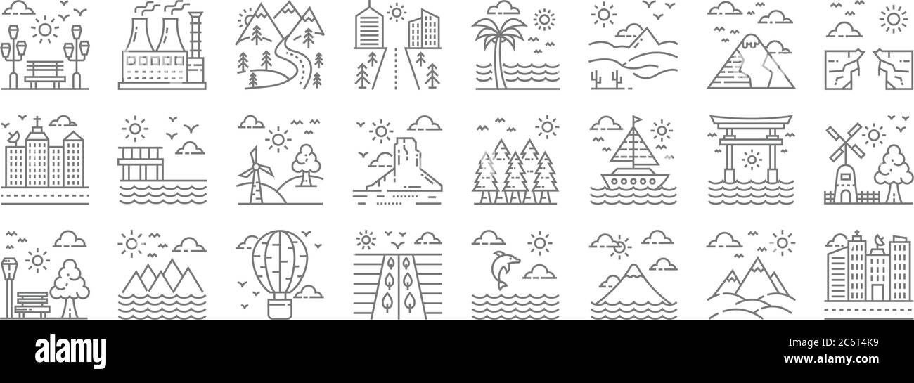 icônes de la nature et du paysage. ensemble linéaire. ensemble de lignes vectorielles de qualité telles que paysage urbain, montagne, champs, parc, temple d'itsukushima, moulin à vent, climat Illustration de Vecteur