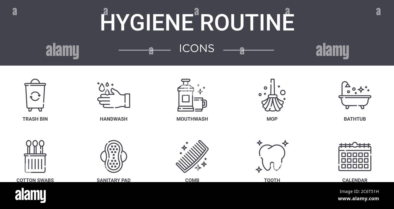 jeu d'icônes de la gamme concept routine d'hygiène. contient des icônes utilisables pour le web, le logo, l'interface utilisateur/ux, comme le lavage à la main, la mop, les cotons-tiges, le peigne, la dent, le calendrier, la baignoire Illustration de Vecteur