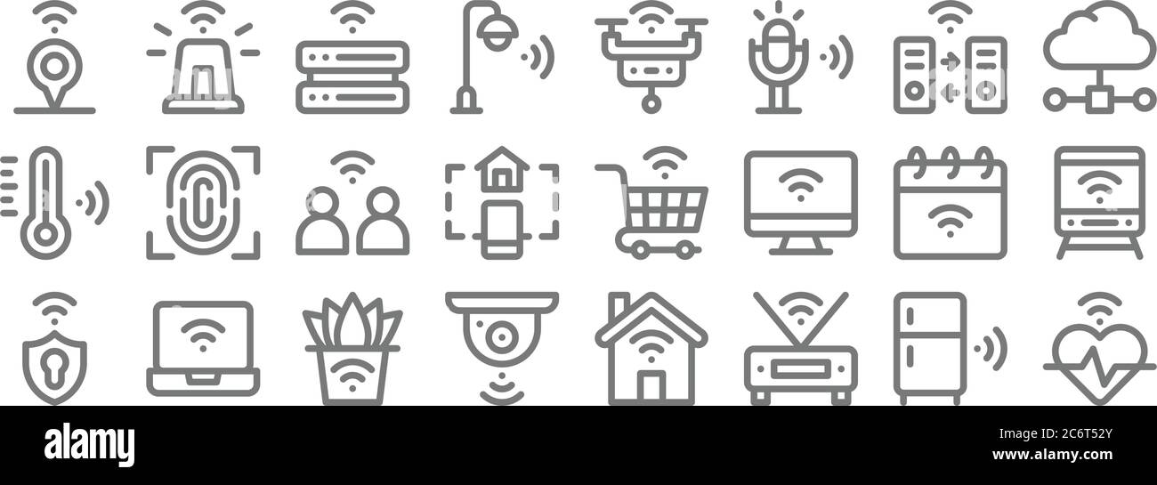 icônes de ligne d'internet des objets. set linéaire. ensemble de ligne de vecteur de qualité comme heartbeat, wifi, cctv, shield, calendrier, réseau, réseau, smart drone, monsieur Illustration de Vecteur