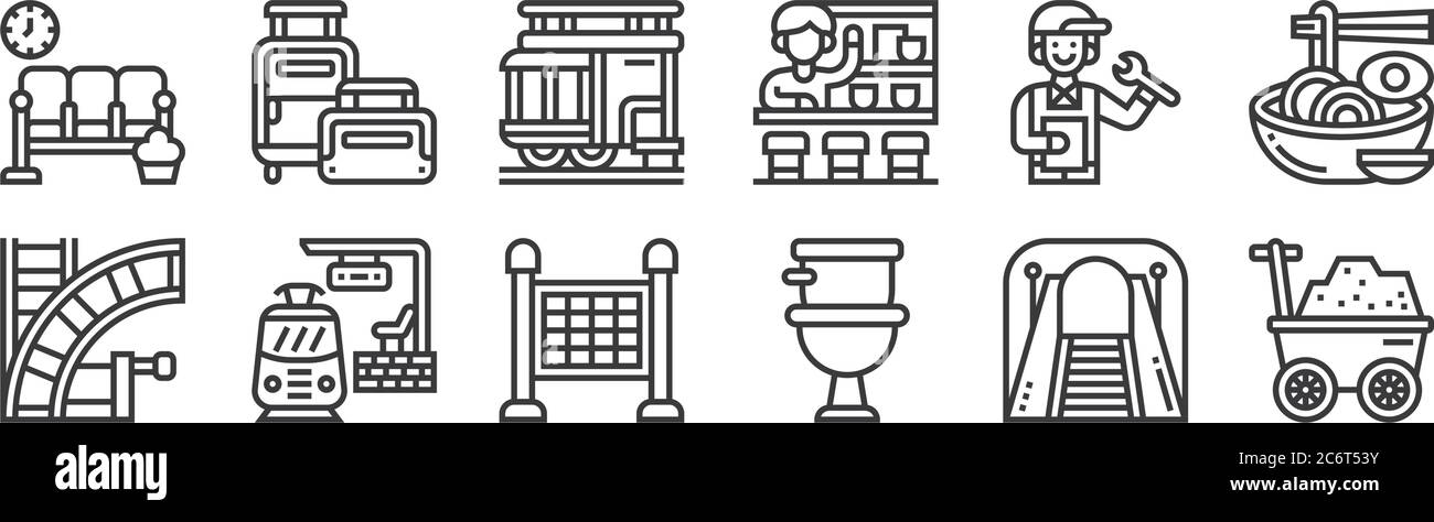 12 ensemble d'icônes linéaires de chemin de fer. icônes minces de contour telles que le chariot, les toilettes, la gare, technicien, téléphérique, bagages de voyage pour le web, mobile Illustration de Vecteur