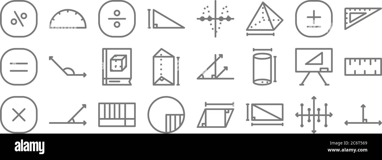 icônes de ligne mathématiques. ensemble linéaire. ensemble de lignes vectorielles de qualité telles que angle droit, rectangulaire, cercle, multiplication, tableau blanc, livre, règle, courbe, Illustration de Vecteur