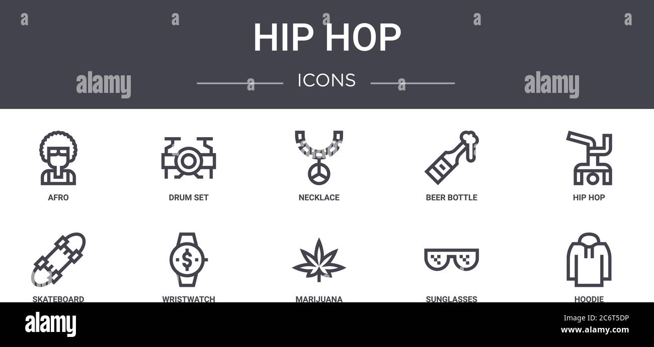 ensemble d'icônes de la ligne de concept hip hop. contient des icônes utilisables pour le web, le logo, l'interface utilisateur/ux, comme un ensemble de batterie, une bouteille de bière, un skateboard, de la marijuana, des lunettes de soleil, un sweat à capuche, h Illustration de Vecteur