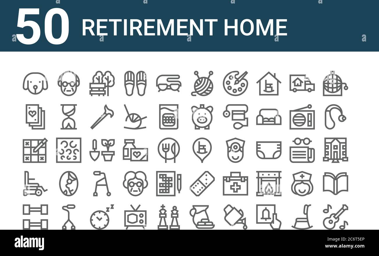 ensemble de 50 icônes de retraite. contour des icônes de ligne mince telles que guitare, gymnase, chaise de roue, sudoku, cartes de jeu, vieux, maison de retraite, laine, p Illustration de Vecteur