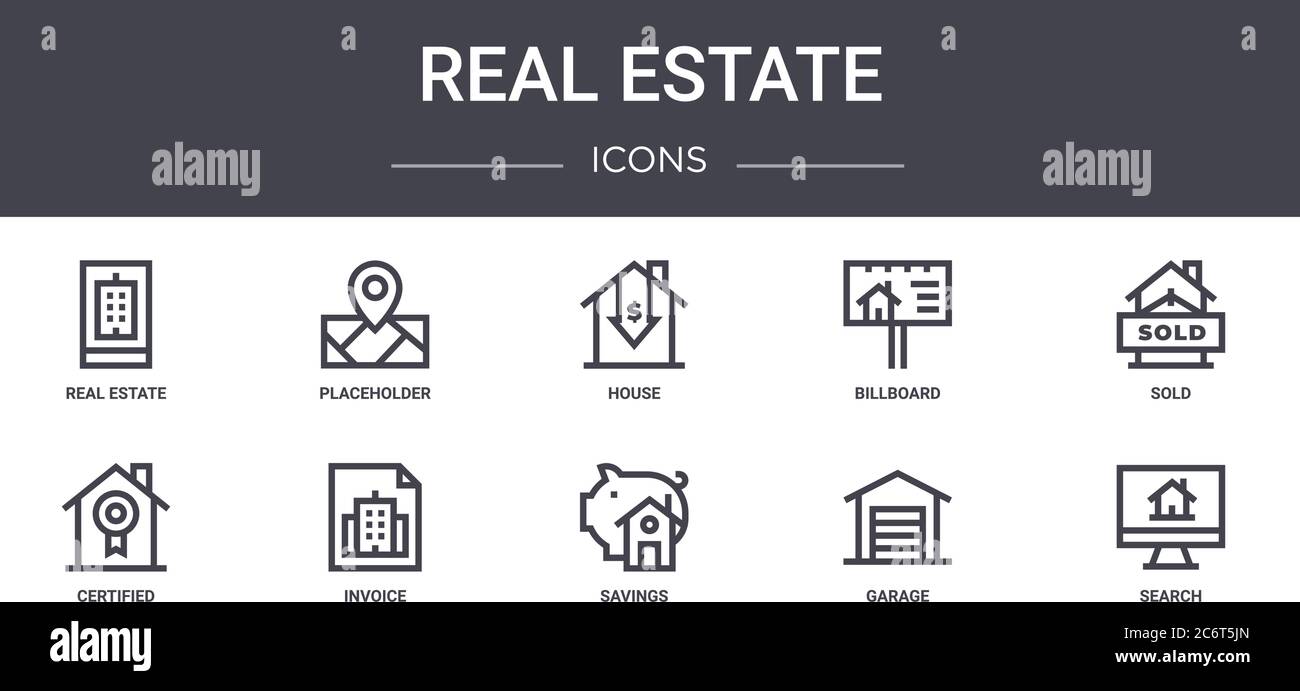 ensemble d'icônes de ligne de concept immobilier. contient des icônes utilisables pour le web, le logo, l'interface utilisateur/ux tels que l'espace réservé, panneau d'affichage, certifié, épargne, garage, recherche, sol Illustration de Vecteur