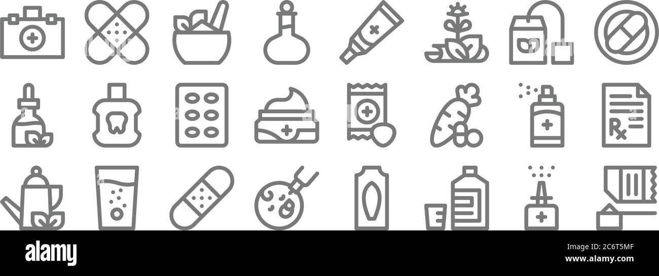 icônes de la ligne de médecine. set linéaire. ensemble de lignes de vecteur de qualité telles que le shake de protéine, le mélange, le vaccin oral, le tisane, l'aérosol, les pilules, l'analgésique, ongume Illustration de Vecteur
