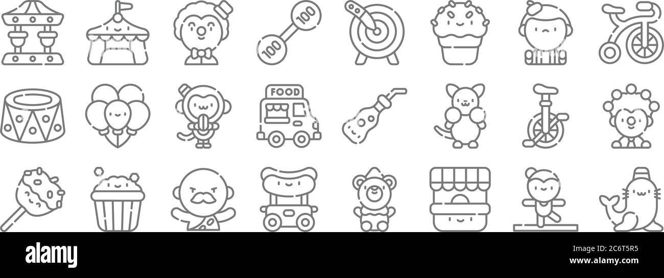 lignes de cirque. ensemble linéaire. lignes vectorielles de qualité telles que le sceau, le bureau de vente de billets, hot dog, pomme caramel, monocycle, singe, vélo, jet de couteau Illustration de Vecteur
