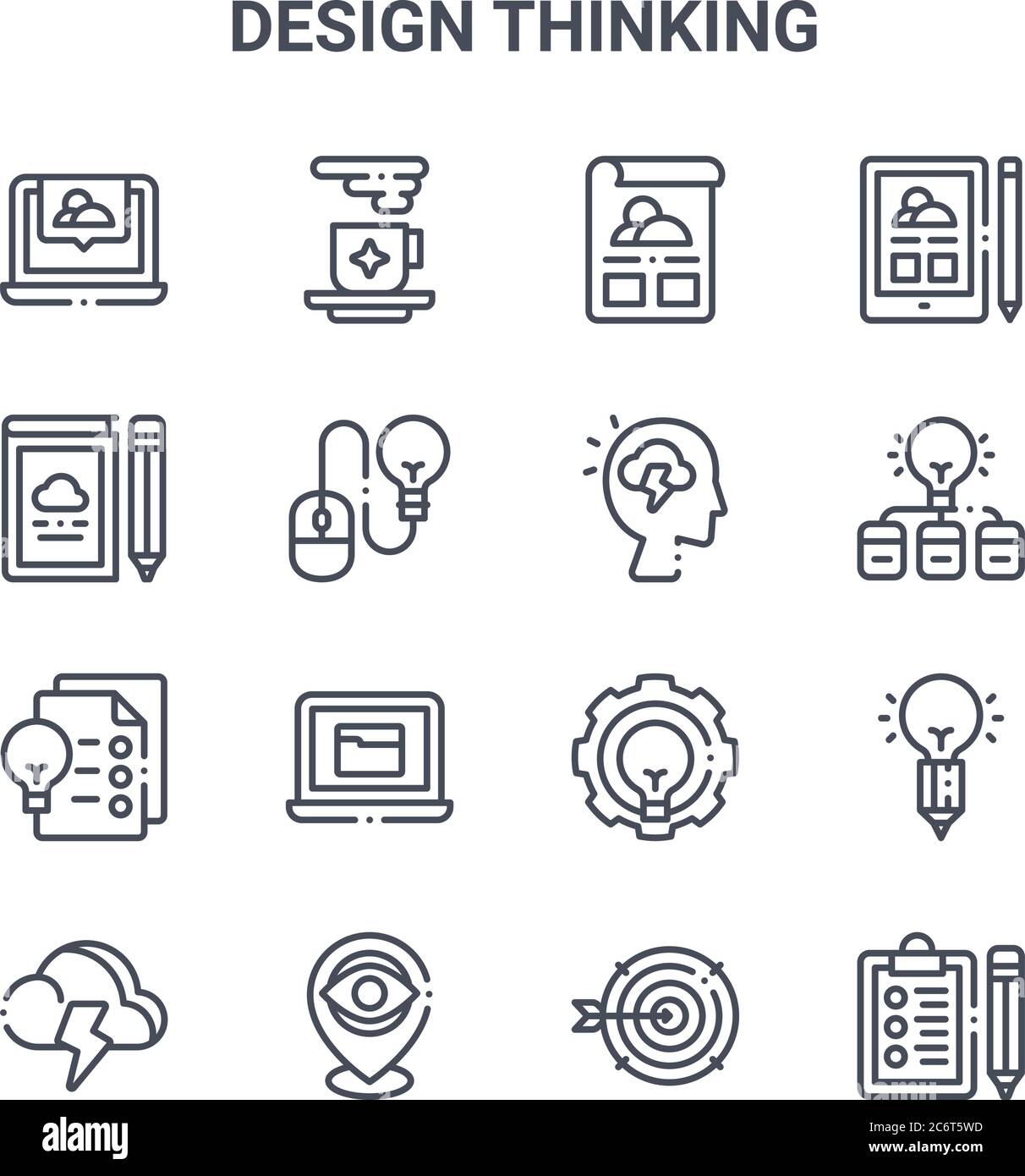 ensemble de 16 icônes de lignes vectorielles de concept de conception. icônes à trait fin 64x64 telles que nourriture, livre, ampoule, ampoule, emplacement, presse-papiers, cible, Illustration de Vecteur