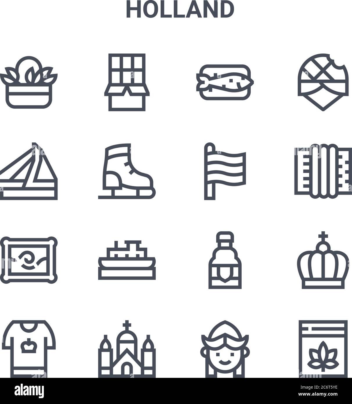 jeu de 16 icônes de ligne vectorielle de concept holland. icônes 64x64 à trait fin telles que chocolat, pont, accordéon, bière, église, cannabis, fille, hollande, gastro Illustration de Vecteur