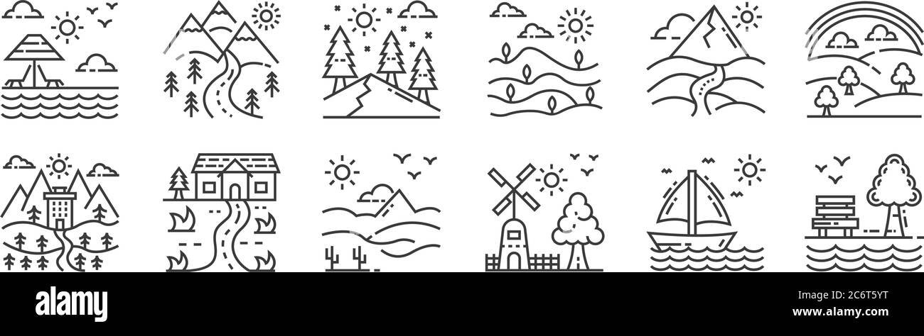 12 icônes linéaires de nature et de paysage. icônes de contour mince comme le jardin, moulin, maison de ferme, montagne, vallée, paysage pour le web, mobile Illustration de Vecteur