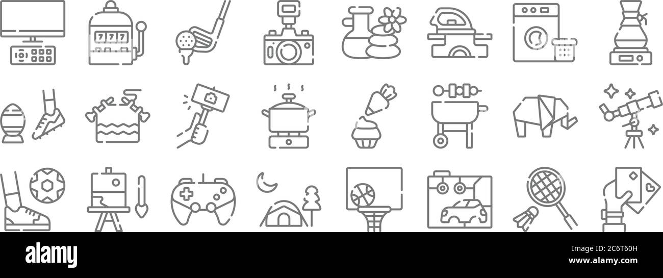 icônes de temps libre. set linéaire. ensemble de lignes vectorielles de qualité telles que cartes de poker, plastique, tente de camping, jouer, éléphant, selfie, machine à café, spa, gam Illustration de Vecteur