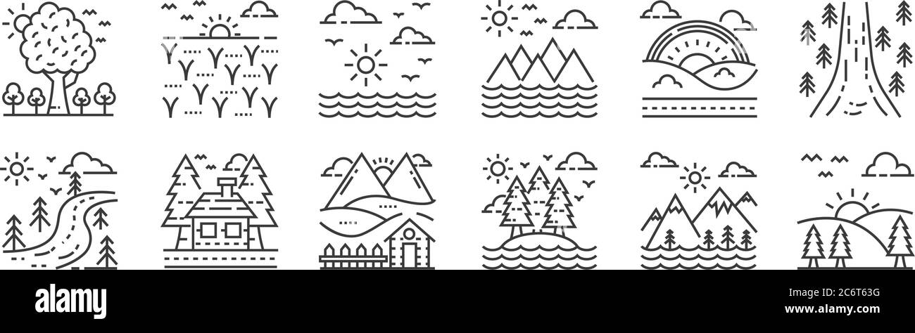 12 icônes linéaires de nature et de paysage. icônes de contour mince telles que le lever du soleil, la forêt, la maison, l'arc-en-ciel, le soleil, les champs pour le web, mobile Illustration de Vecteur