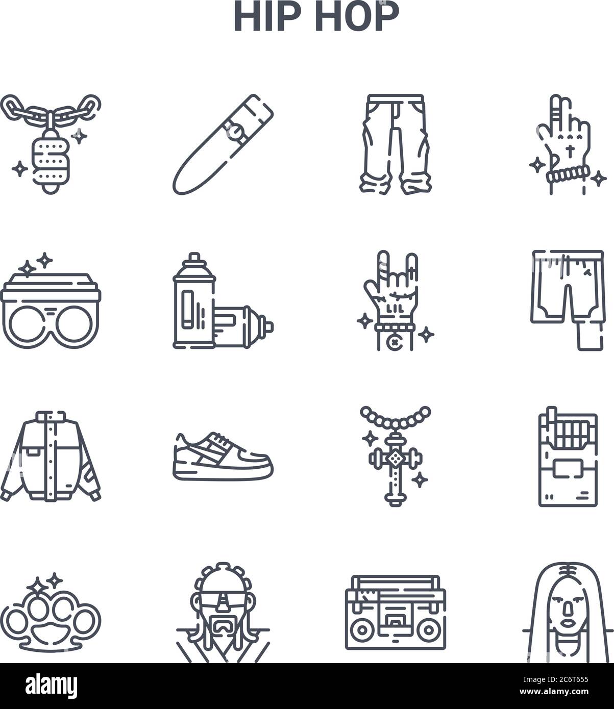 ensemble de 16 icônes de ligne vectorielle de concept hip hop. icônes 64x64 à traits fins telles que cigare, anneau, pantalon, collier, hip hop, hip hop, boombox, main, main Illustration de Vecteur