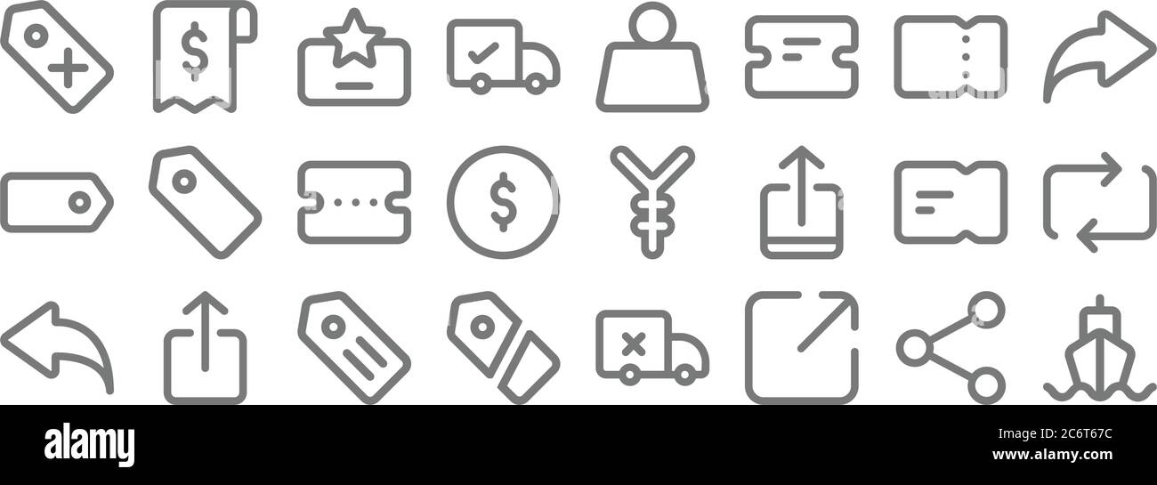 icônes de ligne de marché. set linéaire. ensemble de lignes de vecteur de qualité telles que navire, partage, étiquette, annuler, billet, pièce, partage, poids, réception Illustration de Vecteur
