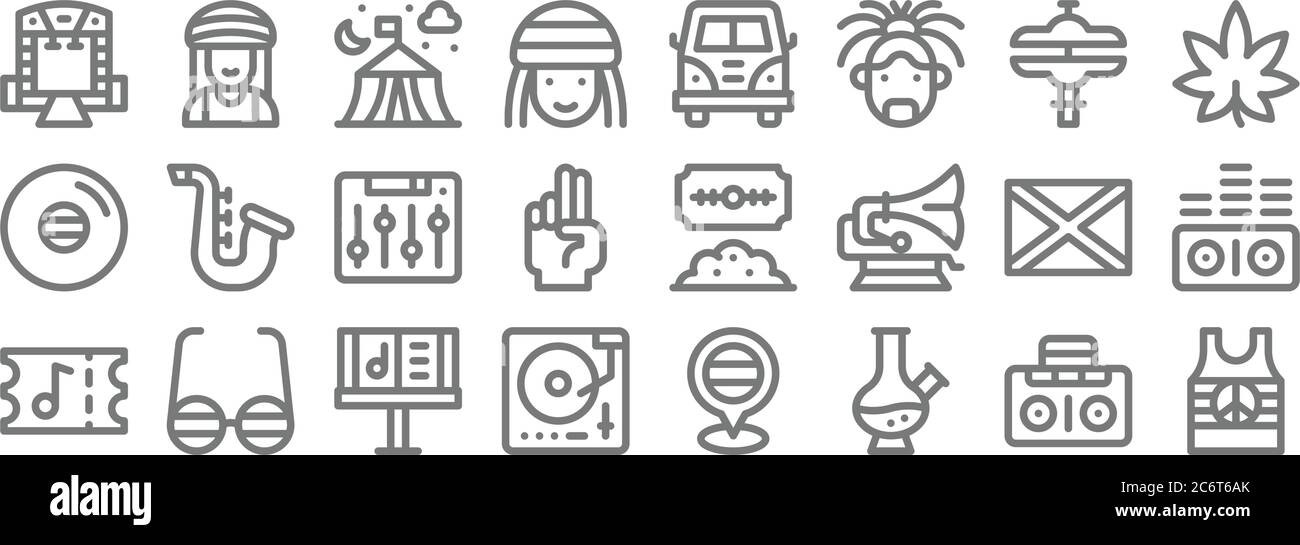 reggae line icons. linear set. quality vector line set tel que , bong, sellette, reggae, jamaïque, égalisateur, marijuana, van, rastafari Illustration de Vecteur