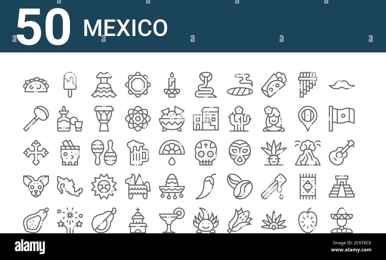 ensemble de 50 icônes du mexique. contour des icônes de ligne mince telles que mariachi, papaye, chihuahua, croix, coa de jima, glace pop, mexicain Illustration de Vecteur