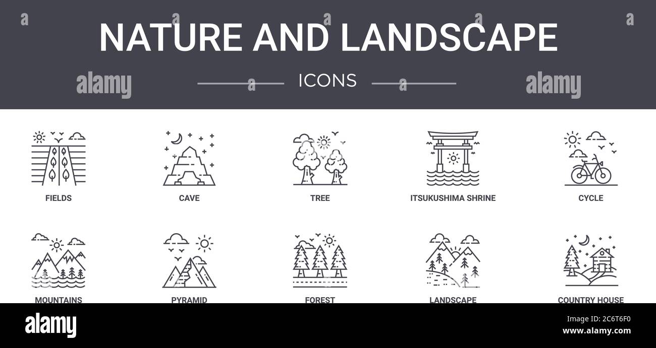 ensemble d'icônes de la ligne de concept nature et paysage. contient des icônes utilisables pour le web, le logo, ui/ux tels que grotte, temple d'itsukushima, montagnes, forêt, paysage Illustration de Vecteur