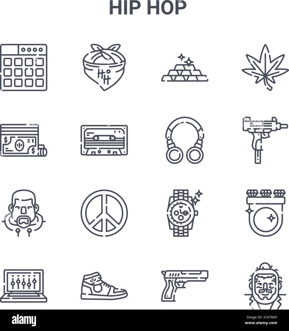 ensemble de 16 icônes de ligne vectorielle de concept hip hop. icônes 64x64 à trait fin telles que bandana, money, uzi, watch, sneakers, hip hop, pistolet, casque, marijua Illustration de Vecteur