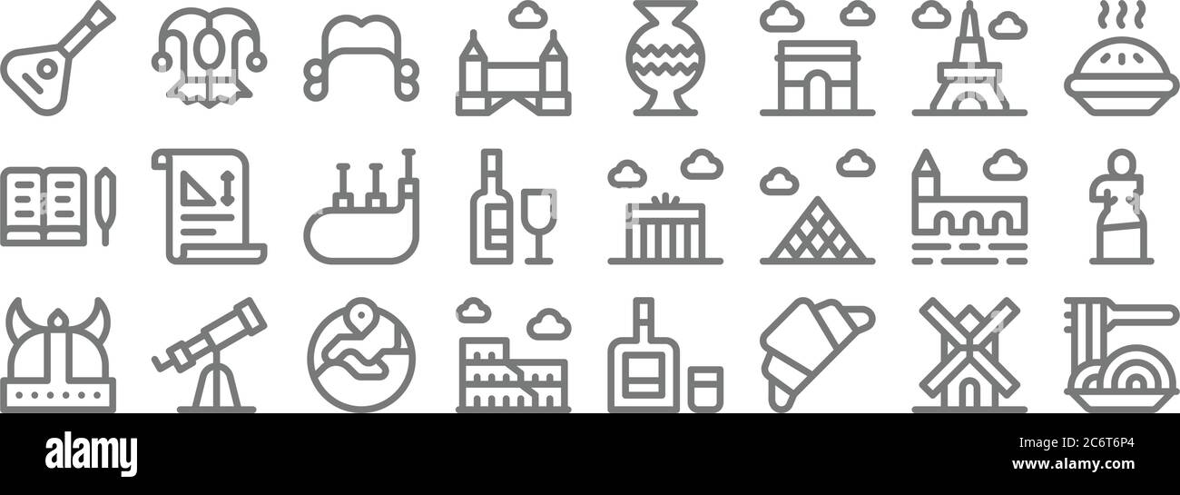 icônes de ligne europe. set linéaire. ensemble de lignes vectorielles de qualité telles que spaghetti, français, coliseum, casque viking, pont charles, cornemuses, tarte aux pommes, vase, Illustration de Vecteur
