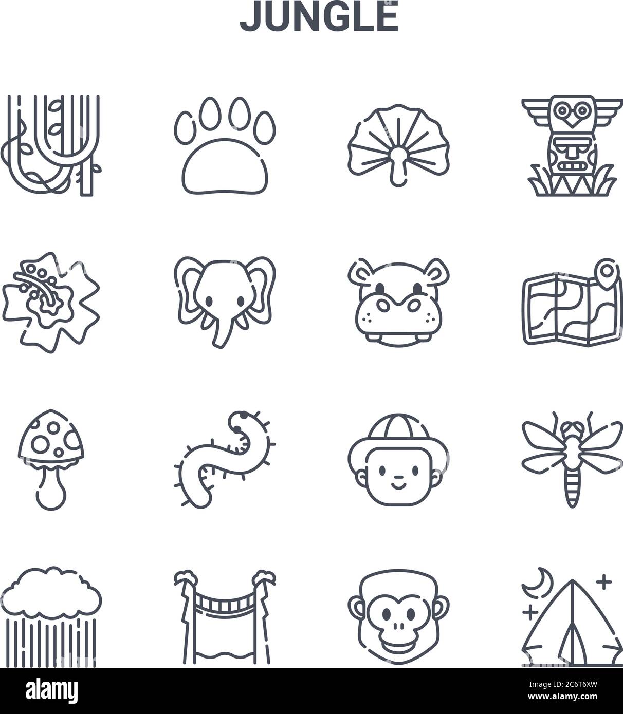 ensemble de 16 icônes de ligne vectorielle de concept jungle. icônes 64x64 à trait fin telles que pawprint, fleur, carte, homme, pont, tente de camping, gorilla, hippopotame, t Illustration de Vecteur