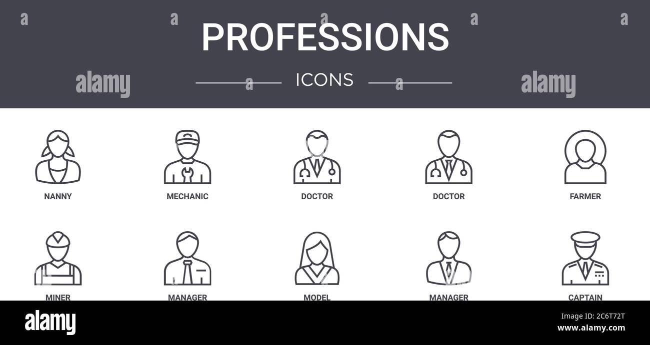 ensemble d'icônes de ligne de concept de professions. contient des icônes utilisables pour le web, le logo, l'interface utilisateur/ux tels que mécanicien, médecin, mineur, modèle, gestionnaire, capitaine, agriculteur, docto Illustration de Vecteur