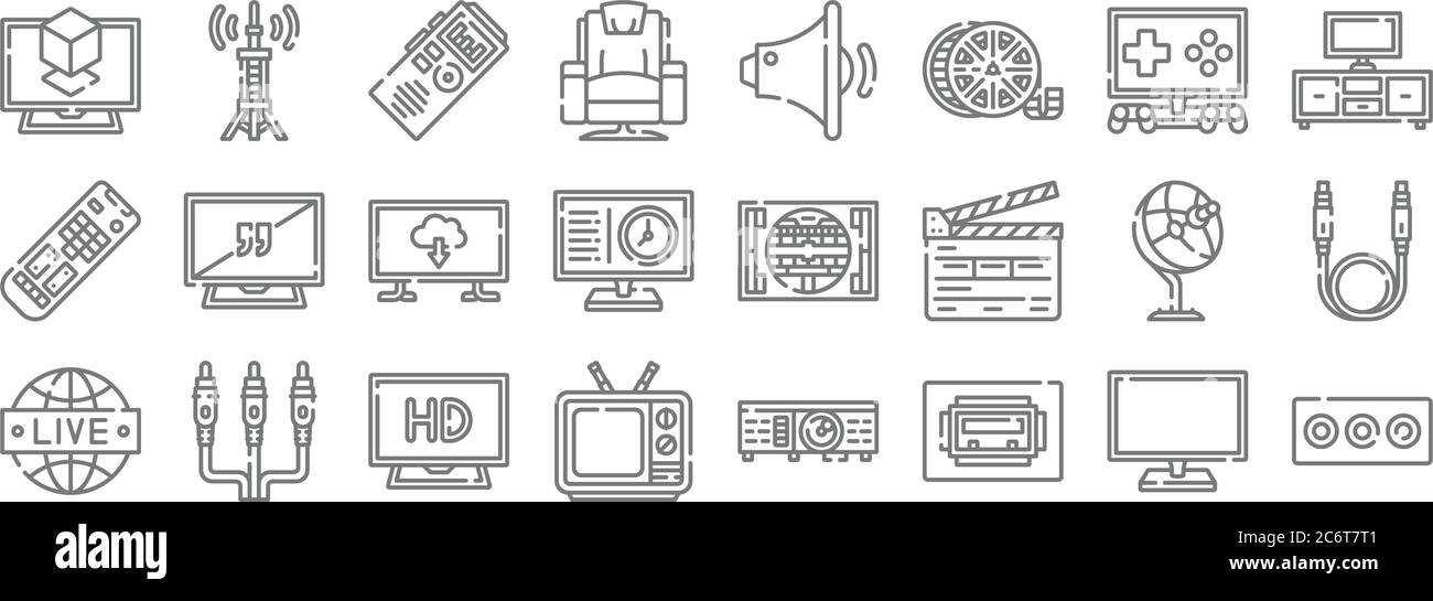 icônes de ligne de télévision. set linéaire. ensemble de lignes vectorielles de qualité telles que câble av, port usb, ancien, programme, parabole satellite, smart tv, tv, volume bas, Illustration de Vecteur