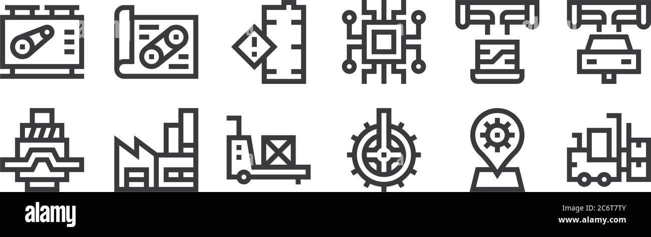 12 ensemble d'icônes de fabrication linéaire. icônes de contour mince comme chariot élévateur, roue dentée, usine, ordinateur portable, danger, de pour le web, mobile Illustration de Vecteur