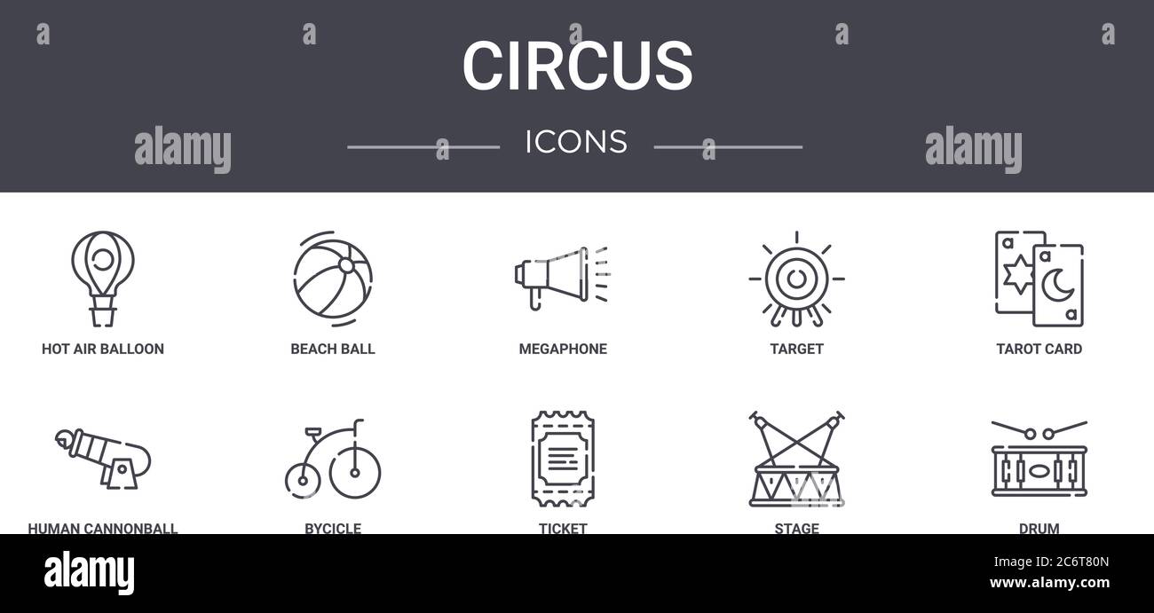 ensemble d'icônes de ligne de concept de cirque. contient des icônes utilisables pour le web, le logo, ui/ux tels que ballon de plage, cible, cantonnball humain, billet, scène, tambour, voiture de tarot Illustration de Vecteur