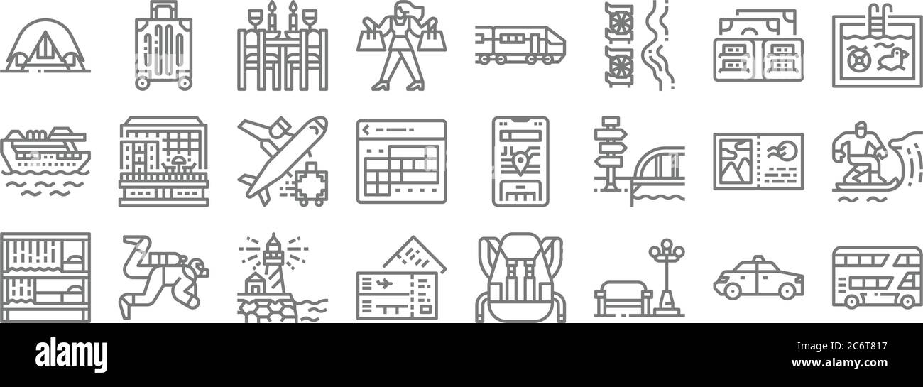 icônes de ligne de voyage. ensemble linéaire. ensemble de ligne de vecteur de qualité comme bus, parc, billet d'avion, auberge, carte postale, avion, piscine, train, bagages Illustration de Vecteur