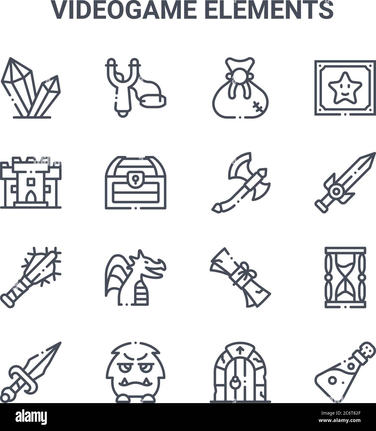 ensemble de 16 icônes de lignes vectorielles de concept d'éléments de jeu vidéo. icônes 64x64 à trait fin telles que catapulte, château, épée, scroll, ennemi, flacon, porte, hache, étoile Illustration de Vecteur