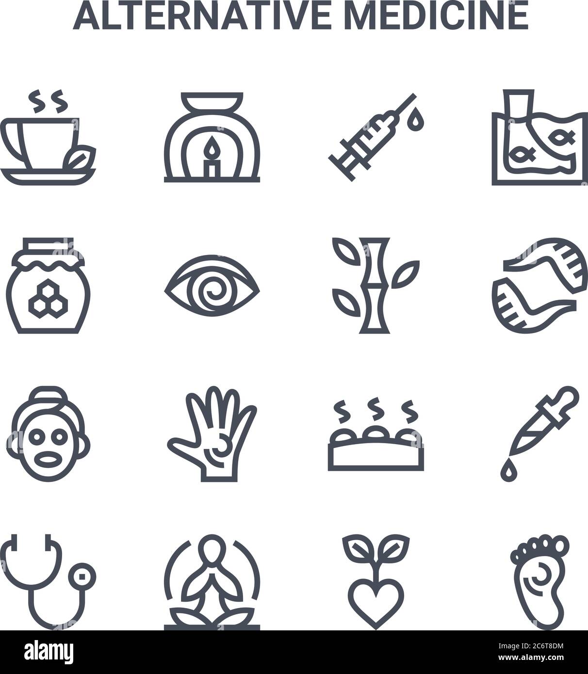 jeu de 16 icônes de lignes vectorielles de médecine alternative. icônes 64x64 d'avc fin telles que l'aromathérapie, le miel, la leech, la lithothérapie, le yoga, le massage, al Illustration de Vecteur